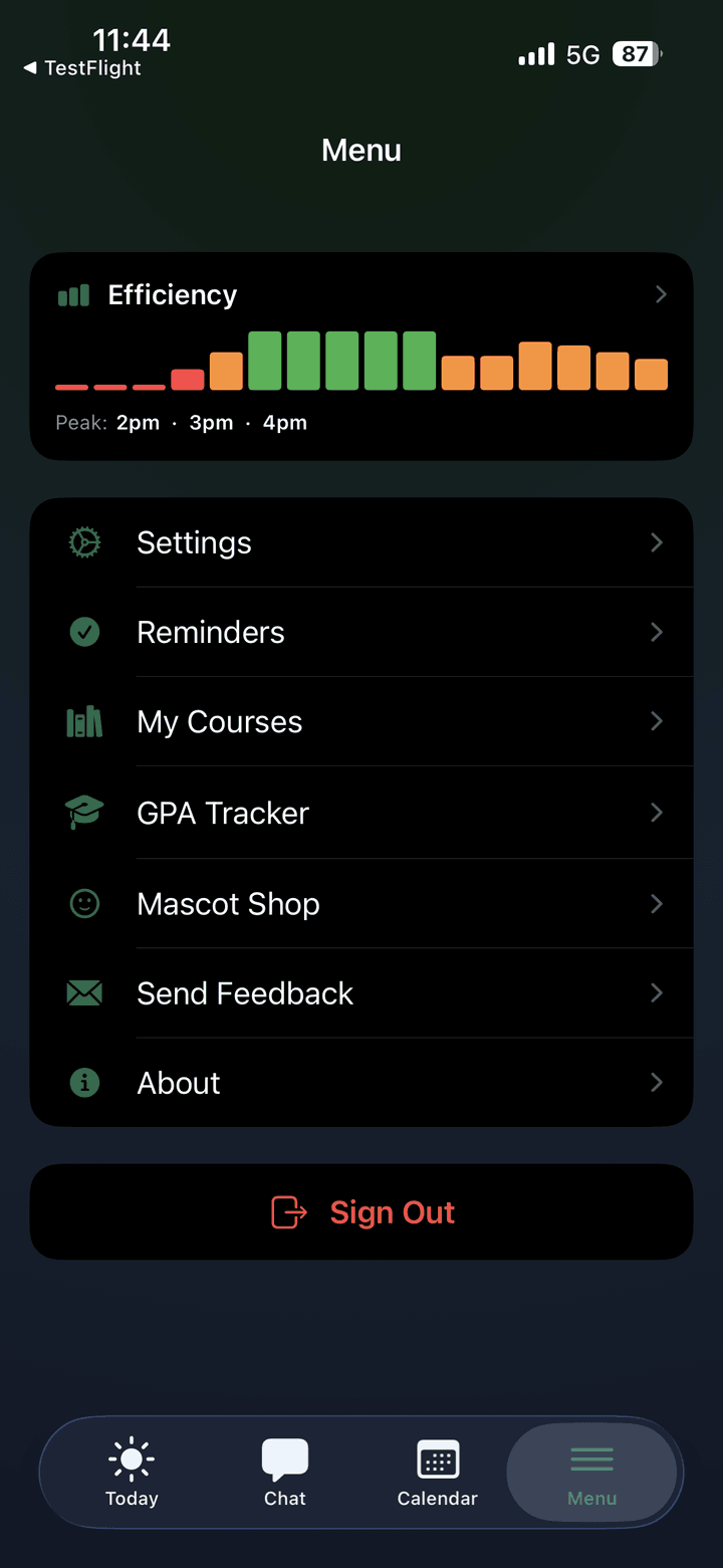 APEX menu screen with efficiency chart, settings, reminders, courses, and GPA tracker